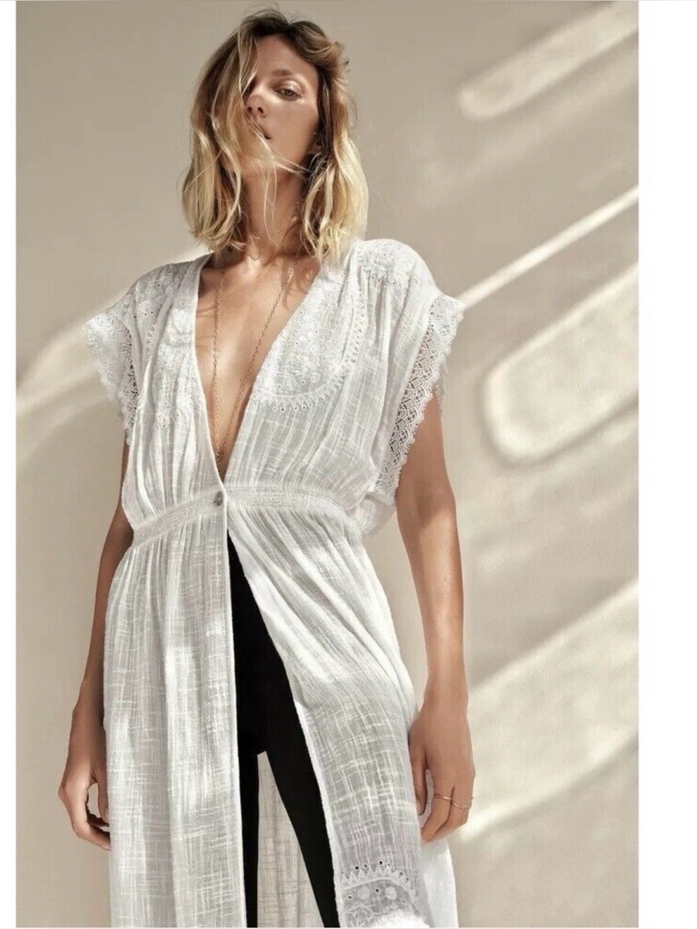 Zara Whimsical White Textured Embroidered V Neck Maxi Cover Up Size M